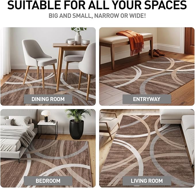 Rugshop Wavy Circles Modern Fade-Resistant Area Rug Brown 5'3" x 7'3" | Rectangular, Size 5'3" x 7'3", Living Room, Bedroom, Dining Room, Home Office, Kitchen, Entryway, Hallway, Nursery, Kids Room