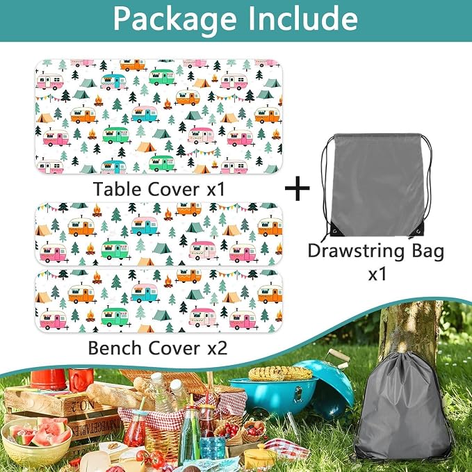 Camping Picnic Table Cover with Bench Covers Elastic Edges, Waterproof Windproof Outdoor RV Tablecloths with Drawstring Bag, Rectangle Tables and Seats Cover 30X72 inch