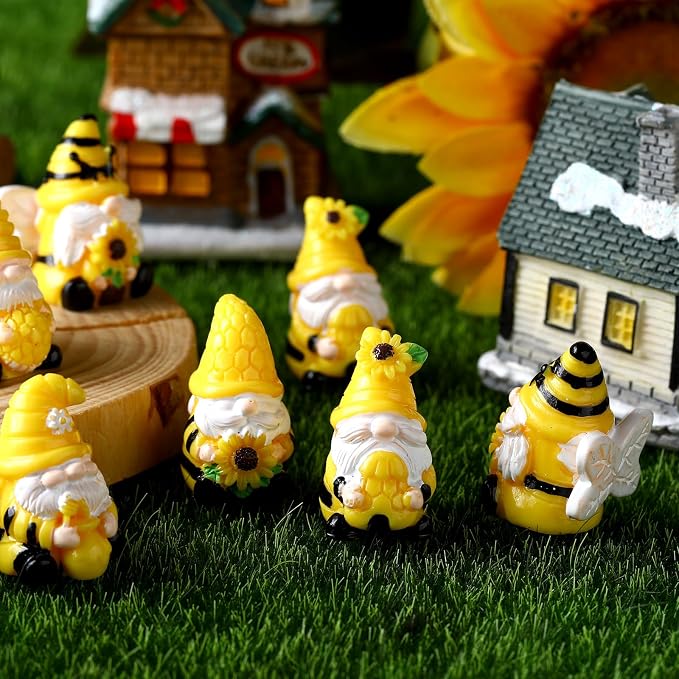 Yuntau 80 Pcs Bee Sunflower Mini Gnomes Bulk Mini Resin Gnomes Figurines Miniature Resin Statues for Summer Birthday Gifts Home Yard Lawn Garden Landscape Patio Decor