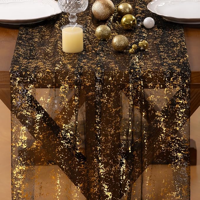 Socomi Gold Table Runner Gauze Tulle Sheer Glitter Metallic Foil Chiffon Cheesecloth Sequin 10FT Wedding Birthday Party Dining Anniversary Holiday Centerpiece Table Decor Black
