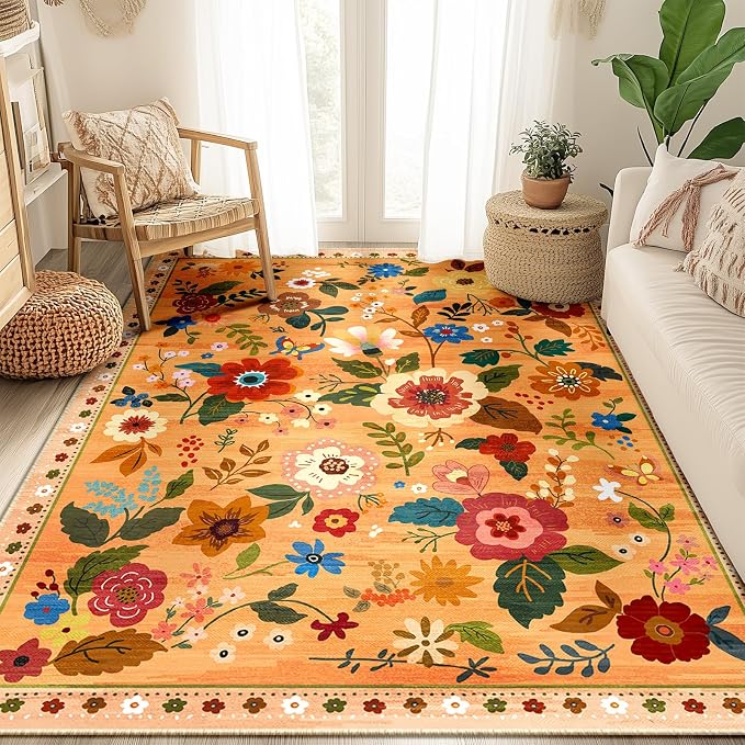 RELEANY Floral Washable 4x6 Area Rugs Orange/Yellow/Red | Flower Carpet, Print, Boho, Non-Slip, Easy to Clean, Soft, Low Pile for Living Room Bedroom Kitchen Office Entryway Hallway