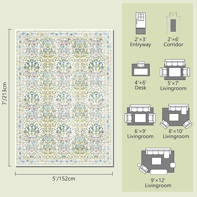 Light Green 5x7 Area Rug - Vintage Floral Washable Bedroom Rug for Living Room, Nursery, Dining Room - Low Pile, Non-Slip, Stain Resistant, Retro Indoor Floor Rug