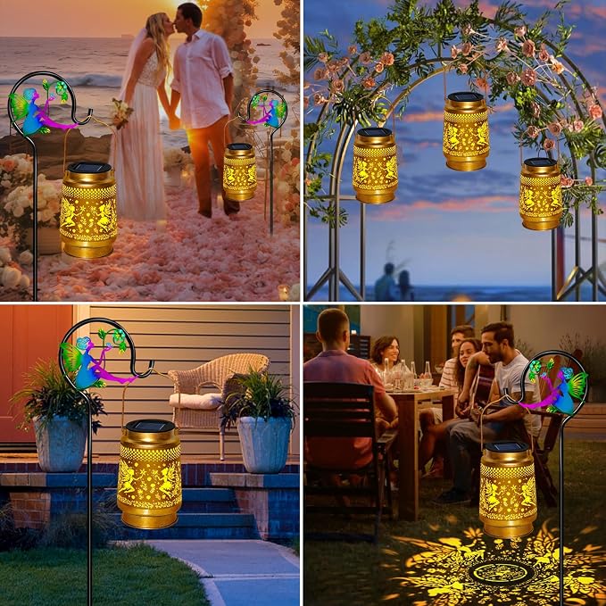 2 Packs Fairy Solar Lanterns Outdoor Waterproof with Shepherd Hook,Hanging Solar Lights Fairy Garden Decor,Christmas Decorations Gifts for Women Grandma,Metal Decorative Lanterns for Yard,Patio,Porch