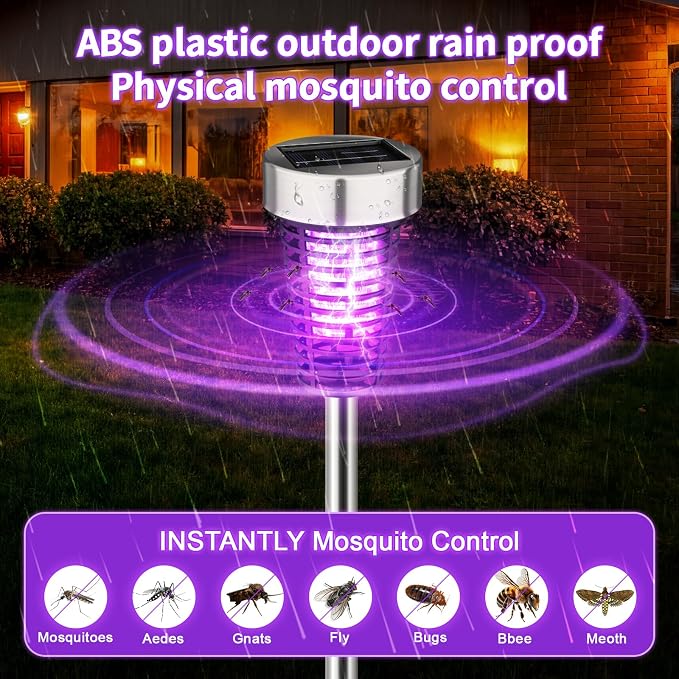 Qualirey 12 Pack Solar Bug Zapper Outdoor Waterproof Mosquito Repellent Killer Bug Zapper Lamp with LED Light for Outdoor Garden Patio Yard (Purple and Warm Light,Silver)