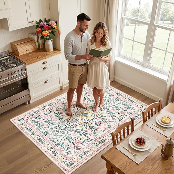 PLHXFR Area Rug Living Room: 3x5 Floral Washable Boho Carpet Pink Green | For Bedroom Dining Room Farmhouse Nursery Hallway,Vintage Floral,Machine washable,Non Slip,Stain Resistant,Large Indoor