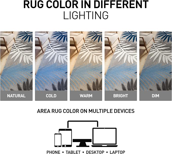 Rugshop Indoor/Outdoor Palm Leaf Area Rug, Non-Shedding Easy-Care Design for Backyard, Deck and Outdoor Lounge, Blue, 8' 8" X 12'