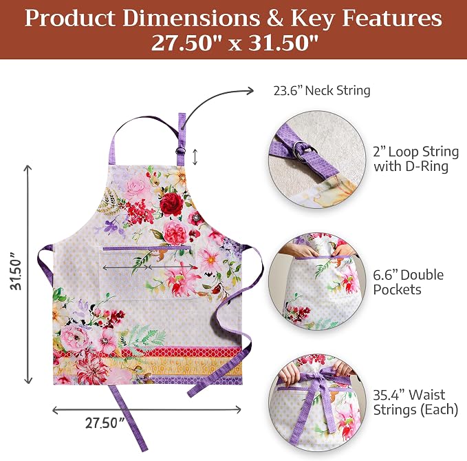 Maison d' Hermine Aprons for women with Pocket 100% Cotton (27.50"x31.50") | Adjustable Neck Strap & long ties Apron Men Chef Wedding Cooking Gardening Server Maid