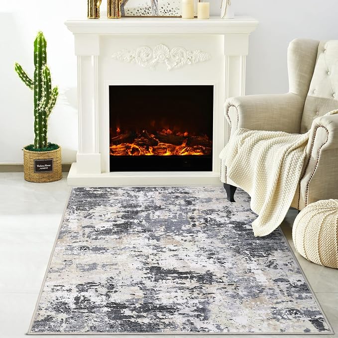 ROYHOME Modern Scalloped Abstract 2x3 Area Rug Non Slip, Black Yellow | Non Shedding Low Pile Stain Resistant Rug for Entryway Kitchen Bedroom