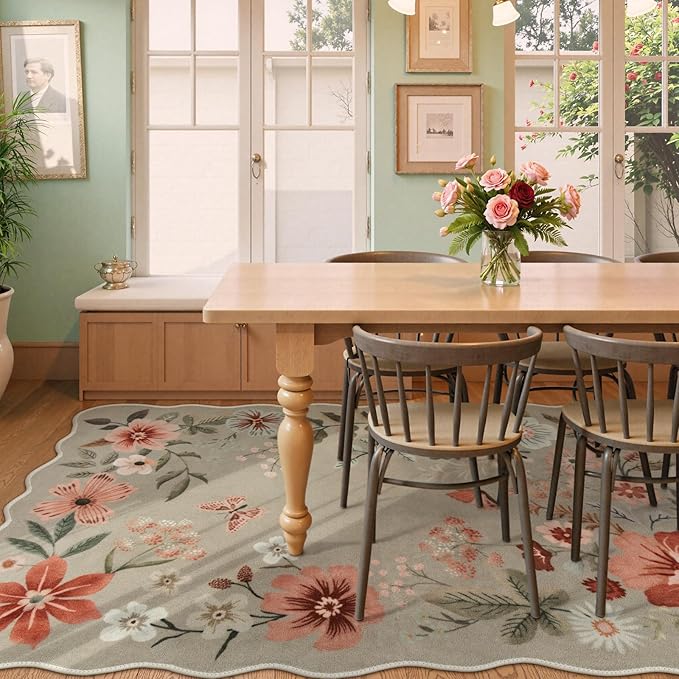 Lahome Floral Washable Rugs 8x10, Non-Slip Soft Bedroom Rug Stain Resistant | Ultra-Thin 8x10 Rugs for Living Room Boho Rug Accent Carpet for Dining Room Office Flore (8x10ft, Brown)