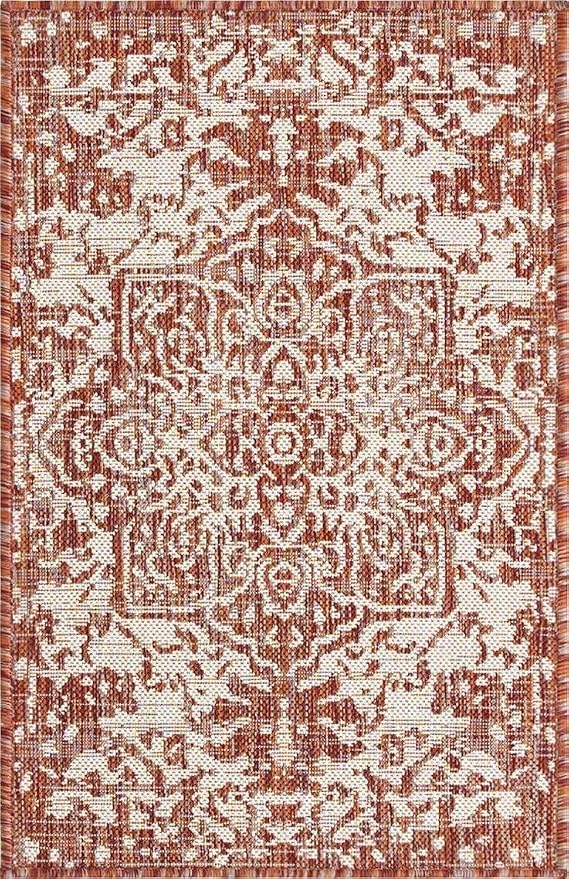Unique Loom Outdoor Collection Area Rug - Dubai (2' x 3' 1' Rectangle, Rust Red/ Ivory)