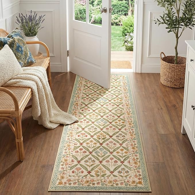 jinchan Runner Rug 2x6 Vintage Floral Washable Hallway Area Rug, Teal Blue | Soft & Lightweight, Checkered Floral, Low Pile, Non Slip, Entryway, Kitchen, Bedside, Laundry Room, Cottage Decor