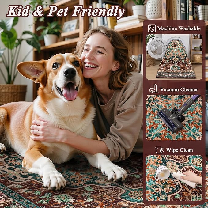 U'Artlines Boho Vintage Area Rug 5x7 Machine Washable Carpet, Rust＆Teal | Low Pile, Non Slip, Ultra-Thin Soft Floor Carpet, Accent Rug for Living Room Bedroom Entryway Dining Room Office