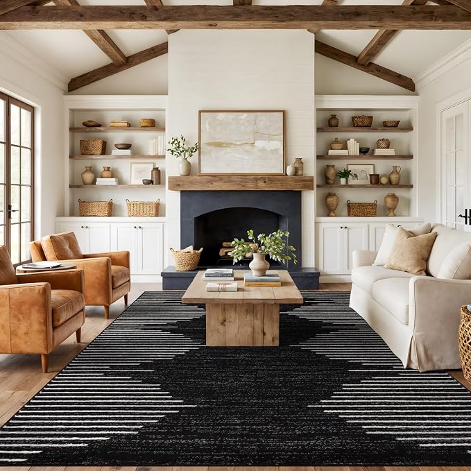 Rugshop Bohemian Stripe Stain Resistant Area Rug Black 12' x 15' | High Traffic,Fade Resistant, Living Room, Bedroom, Dining Room, Large Areas,Basement,Open Spaces,Kitchen,Oversized Area Rug