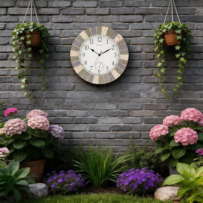 OCEST Indoor Outdoor Clock and Thermometer, 13 Inch Large Waterproof Wall Clocks, Retro Silent Non-Ticking Battery Operated Weatherproof Clock for Patio, Pool, Lanai, Fence, Porch, Garden