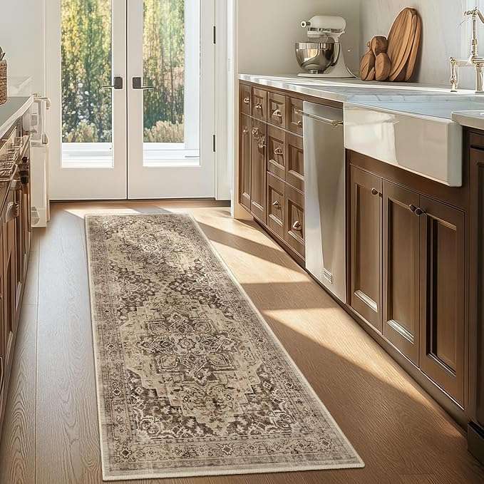 Brown Taupe 2x6 Hallway Runner Rug, Carpet Runners 6ft for Kitchen Non Slip Washable, Farmhouse Distressed Floor Runner for Entryway Front Door, Vintage Medallion Rug Runner Bathroom Bedroom