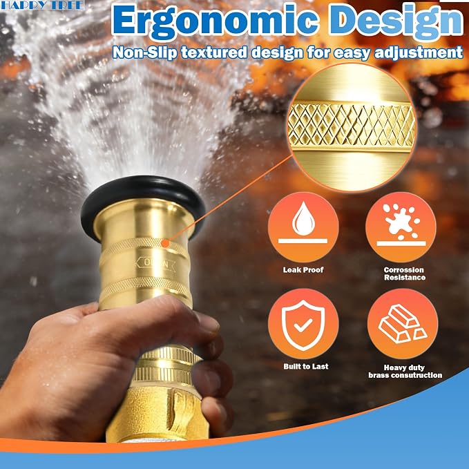 Happy Tree 1-1/2" NST/NH Brass Fire Hose Spray Nozzle 85 gpm Fire Equipment Heavy Duty Industrial Jet Fog Nozzle 100 psi FHSN04B