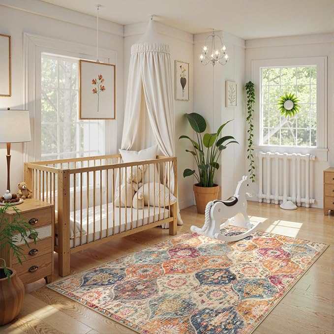 Lahome Moroccan Trellis Washable Small Area Rug, 3x5 Area Rug for Bedroom Living Room, Non-Slip Oriental Accent Throw Carpet for Kitchen Office Entryway Bathroom Office Elise, Cream/Multi