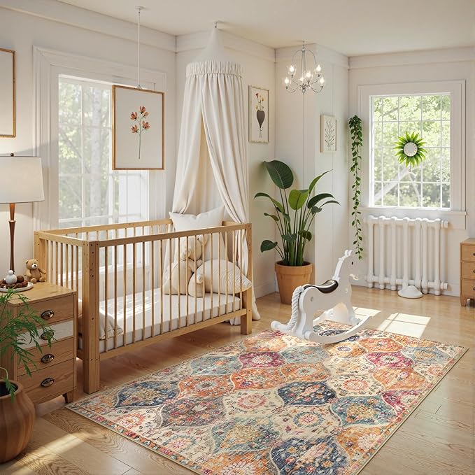Lahome Moroccan Machine Washable Rugs for Living Room, 4x6 Rug for Bedroom Non-Slip Vintage Trellis Ultra-Thin Throw Carpet for Dining Room Office Nursery Elise, Cream/Multi