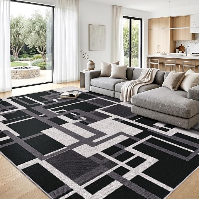 Modern Geometric 8x10 Area Rugs for Living Room, Black Grey Washable Rug | Contemporary Patchwork Non-Slip Indoor Carpet for Bedroom Dining Room Office | Soft Low-Pile Large Rug | Charcoal Black