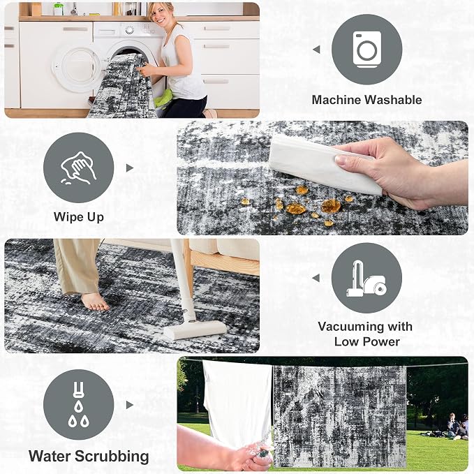 PLHXFR 6x9 Area Rug Living Room: Modern Abstract Washable Carpet Black | For Bedroom Dining Room Farmhouse Nursery Home,Machine washable,Non Slip,Large Soft Neutral,Stain Resistant, Indoor Floor