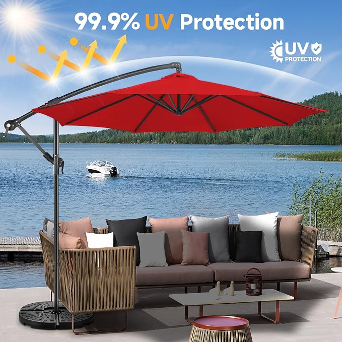 Offset Patio Umbrella Cantilever - 10 FT Cantilever Umbrella Outdoor with Crank and Cross Base, UV Protection Large Patio Umbrella for Garden, Deck, Backyard, Pool, Porch (Red)