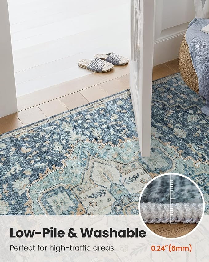 AMADA HOMEFURNISHING 9x12 Washable Area Rug, Low-Profile Large Area Rug with Non-Slip Backing & Durable Edge Binding, Vintage Large Rugs for Living Room, Bedroom & Dining Room