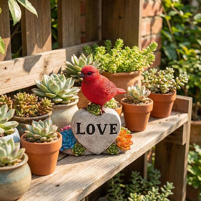 Solar Cardinal Decor Red Bird with Glowing Succulents Love Heart Stone Remembrance Garden Figurine Decor for Outdoor Yard Patio Lawn Sympathy Gifts for Mother Grandma Women Wife Sister