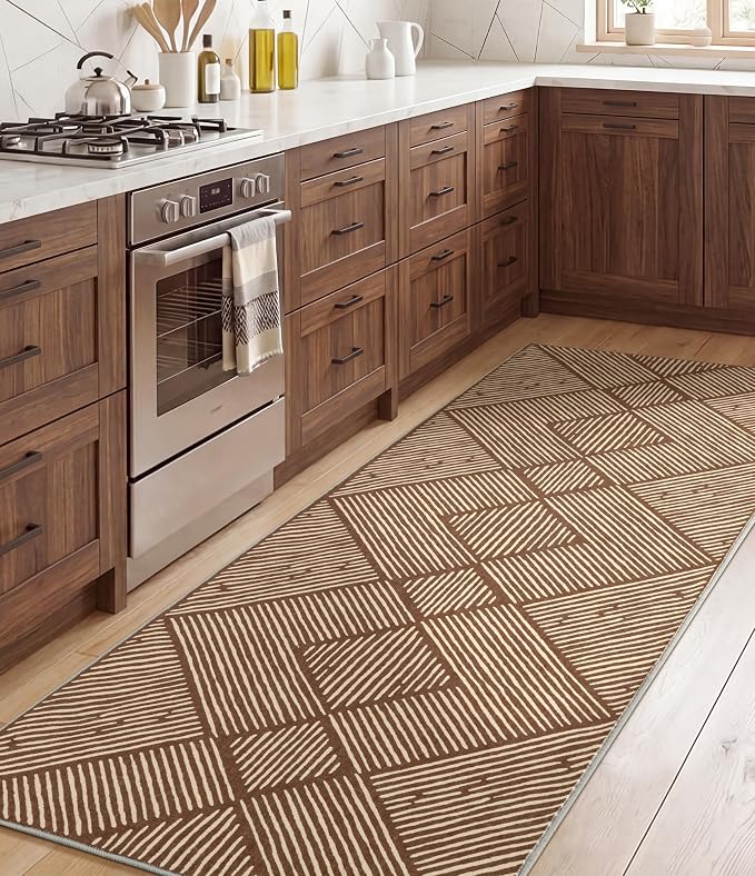 2‘x6' Washable Brown Stripe Runner Rug for Hallway | Non-Slip, Low Pile, Stain Resistant, Earth Tone Geometric Style for Kitchen Entryway Bedroom