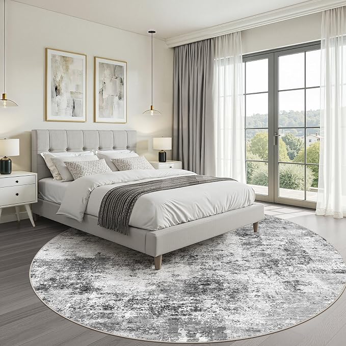 LOONGRUG Round Rug 8x8 Washable Neutral Modern Living Room Rug Black Gray | Circle Large Abstract Soft Stain Resistant Indoor Non-Slip Carpet for Bedroom Nursery Kids Office Playroom Dining Room