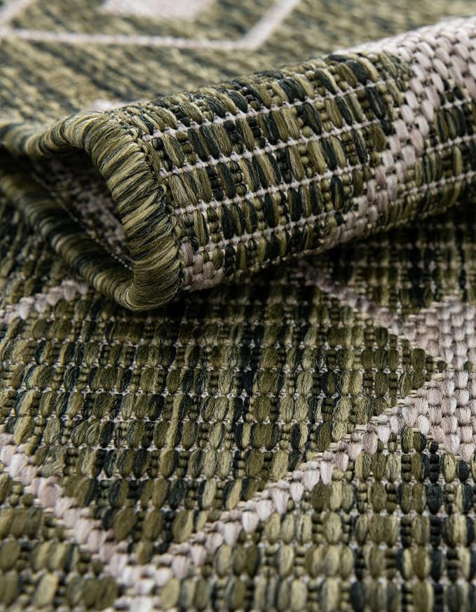 Unique Loom Outdoor Trellis Collection Area Rug - Tribal Trellis (10' 8" Square, Green/ Natural)