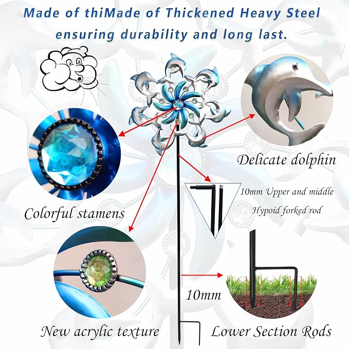 Dolphin Wind Spinners Garden Stake, 39" Metal Dolphins Wind Spinner Outdoor Decorations- Outside Lawn Stake Wind Sculptures for Yard Patio,Lawn & Garden Art Decor