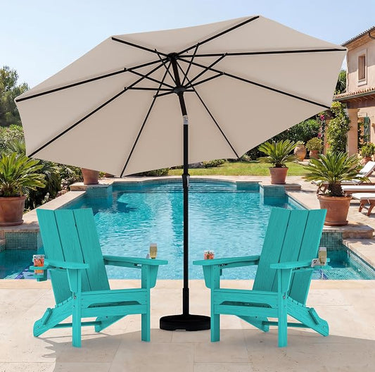 SERWALL Modern Folding Adirondack Chair Set with 9 Ft Umbrella, Folable Adirondack Chairs Set of 2 with Cup Holders, HDPE Fire Pit Chairs for Patio Lawn Garden, Teal (Umbrella Base is not Included)