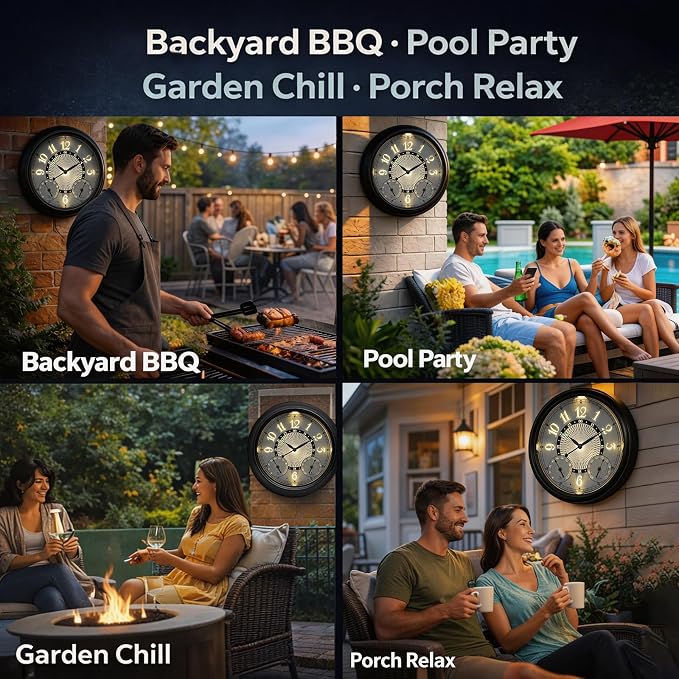 Pytha Sight Illuminated Large Metal Outdoor Clocks Waterproof 18 Inches With AI Auto Light Smart Sensor,Extra Big Indoor Outdoor Wall Clocks With Thermometer & Hygrometer for Patio, Pool, Garden,Porch
