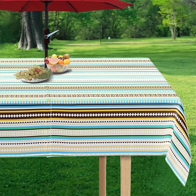 Outdoor Tablecloth with Umbrella Hole and Zipper, Rectangle Patio Table Covers for Spring/Summer, Machine Washable Outdoor Picnic Table Cloth (Stripes, 60" × 84" Rectangular)