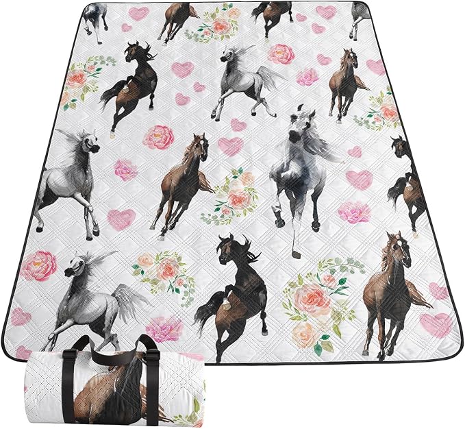 Outdoor Picnic Blanket,Portable Sandproof Waterproof Picnic Mat,Galloping Horses Printed Camping Beach Mat for Sand and Wet Grass Hiking (Galloping Horses L)