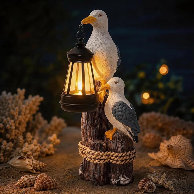 Seagull Solar Garden Outdoor Decor Statues with LED Lantern, Hand Painted Resin Animal Figurine Lights for Beach Pool Coastal Patio Lawn Yard Pathway, Unique Nautical Gifts For Women Mom Grandma