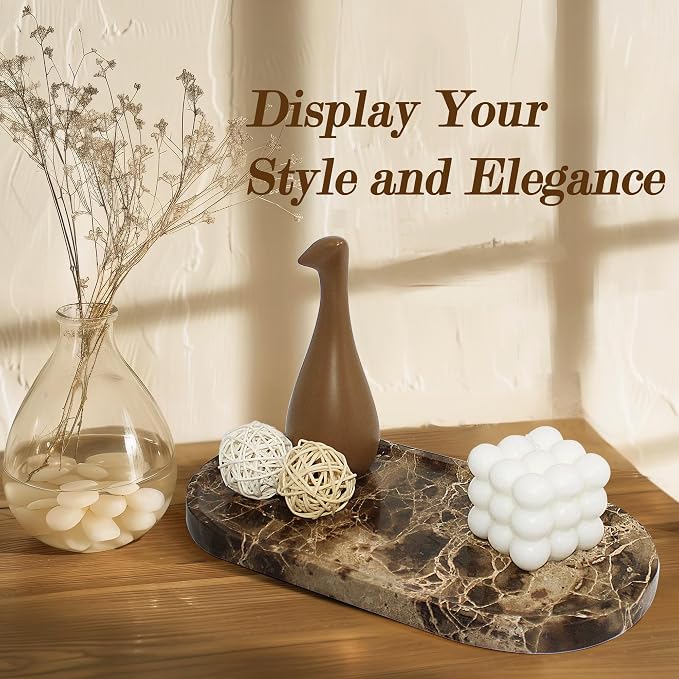 YMXYJM Genuine Real Natural Marble Tray for Bathroom, Luxury Dark Brown Stone Vanity Tray, Decorative Oval Trays for Countertop Storage, Vanity, Dresser, Kitchen, Home Decor, 11.8" x 6", Brown