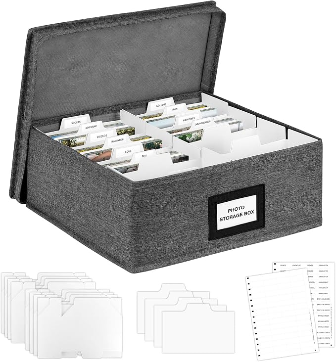 Photo Storage Box with Lid, Photo Organizer Box Fits Holds up to 1700 and 4x6 Pictures, with 8 Adjustable Dividers, 60 Labels, Photo Album Box for Envelopes, Scrapbooking, Recipes, Cards, Stamps
