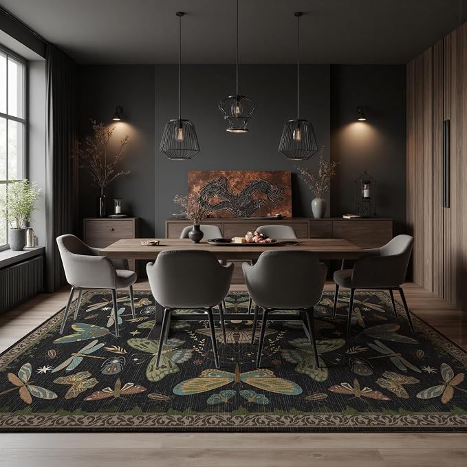 Dark Academia Gothic Black Area Rug 8x10 - Moth Carpet with Fantasy Design, Luxurious Machine Washable Non-Slip Rug for Living Room, Bedroom.