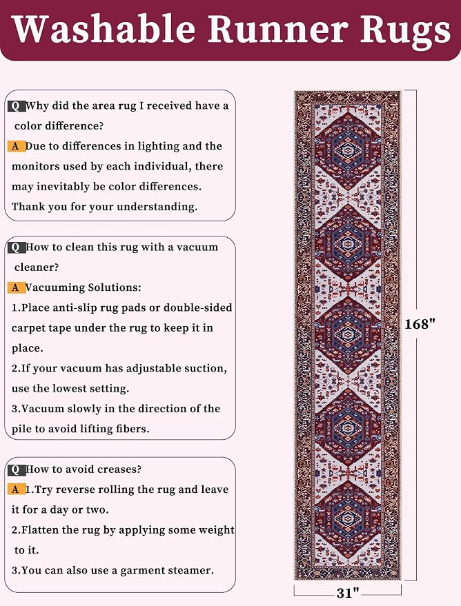 SERISSA 2'6"x14' Washable Non Slip Boho Runner Rug for Hallway | Ultra Soft Vintage Oriental Carpet Low-Pile Burgundy Navy Floor Carpet for Kitchen Bedroom Entryway Bathroom Laundry Room