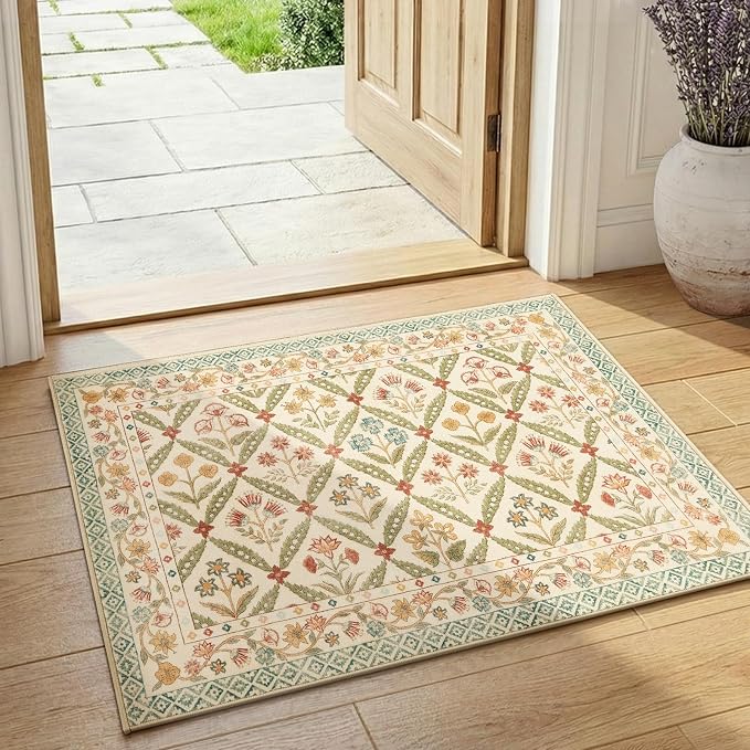 jinchan 2x3 Vintage Floral Washable Accent Entryway Area Rug, Teal Blue | Soft & Lightweight, Checkered Floral, Low Pile, Non Slip, Entrance, Kitchen, Bedroom, Laundry Room, Samll, Doormat