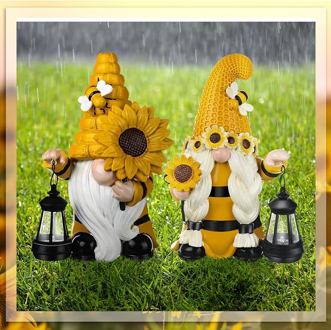 Suzile 2 Pack Sunflower Bee Gnome 9.4 Inch Garden Outdoor Statue Solar with Lantern Lights Gnomes Gifts for Women Outside Sunflower Bee Figurine for Yard Courtyard Lawn Patio Porch Decor