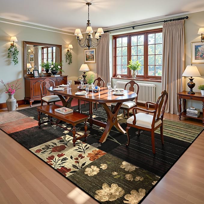 DweIke Floral Rugs for Living Room, 8x10 Washable Area Rug for Dining Room Farmhouse Office Bedroom Decor, Geometric Patchwork Stain Resistant Low Pile Indoor Floor Throw Rugs, Black Colorful