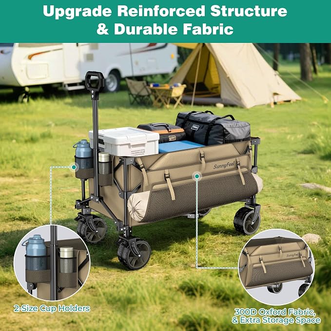 SUNNYFEEL 300L Wagon Cart Foldable - 550LBS Heavy Duty Collapsible Wagon with Big All-Terrain Wheels & Brakes, Extra Large Folding Utility Wagon for Camping, Grocery, Shopping, Sports, Beach, Khaki