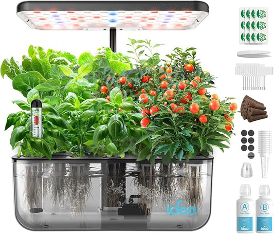 iDOO Hydroponics Growing System with 12 Pods Kit & LED Grow Light | Indoor Herb Garden with 5L Transparent Water Tank, Self Watering, Auto-Timer, Adjustable Heigh, Gifts for Women Men Fathers