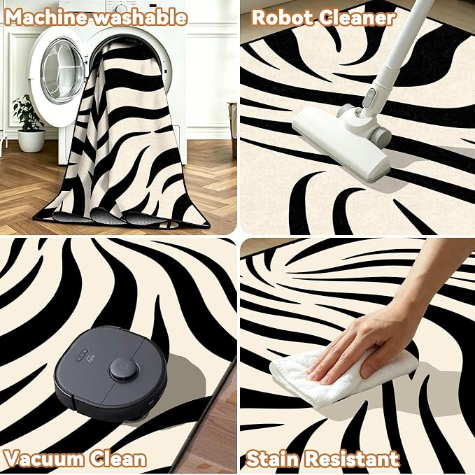 Zebra Print Area Rugs 5x7ft Black and White Striped Rug for Living Room Zebra Stripes Washable Rug for Bedroom Dining Room Office Playroom Nursery Home Decor Non-Slip Non-Shedding