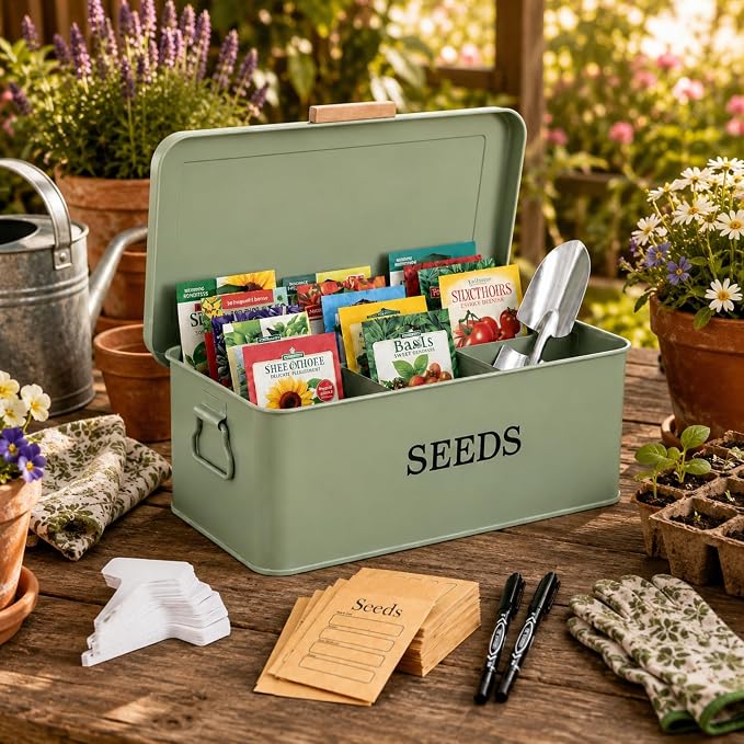 Seed Storage Organizer,Metal Seed Saving Box with Lid,4 Compartments Box with Safety Locks,Garden Supplies Container with 20 Plant Labels 50 Saving Envelopes 2 Marker Pens,Green