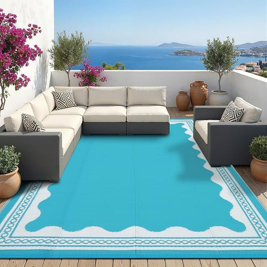 Garvee Outdoor Rug 8x10 Scalloped Waterproof Patio RV Outdoor Rugs Reversible Foldable Plastic Straw Rug Modern Camping Carpet for Deck Camper Porch Balcony Backyard Picnic Beach Light Blue