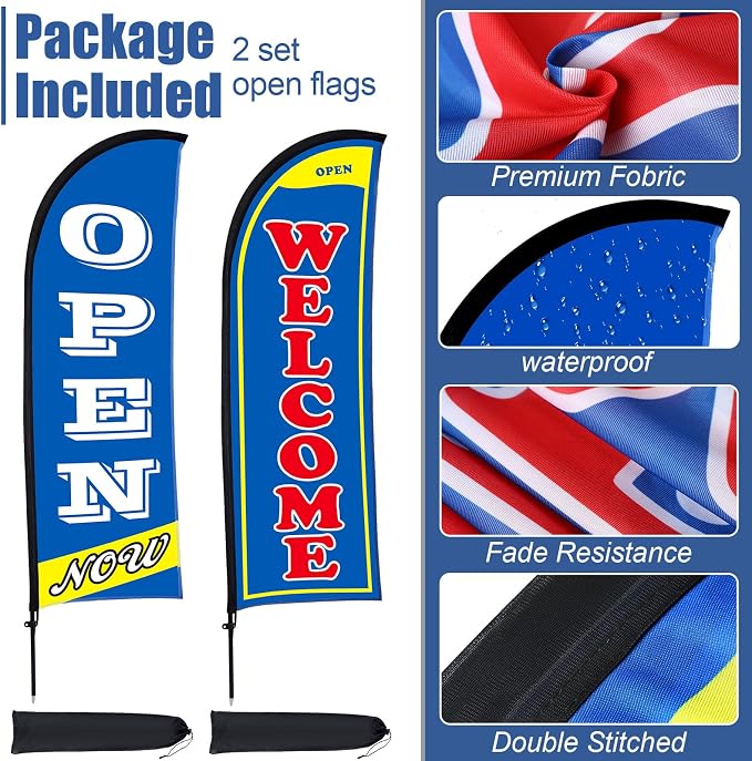 Buryeah 2 Sets Now Open Flag Banner for Business Advertising 7 ft Feather Flag Sign with Flagpole Ground Stake Portable Bag(Blue)
