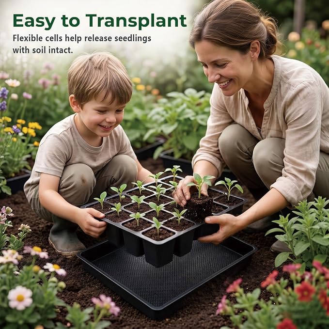 Square Nursery Pots 2 Layers with Drainage, 100 Cell Seeding Tray, 5 Packs | Double-layer Drainage Design Seed Starter Tray, More Durable for Reusable, Coloful Plant Lables